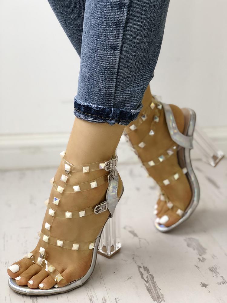 

Studded Transparent Strap Heeled Sandals