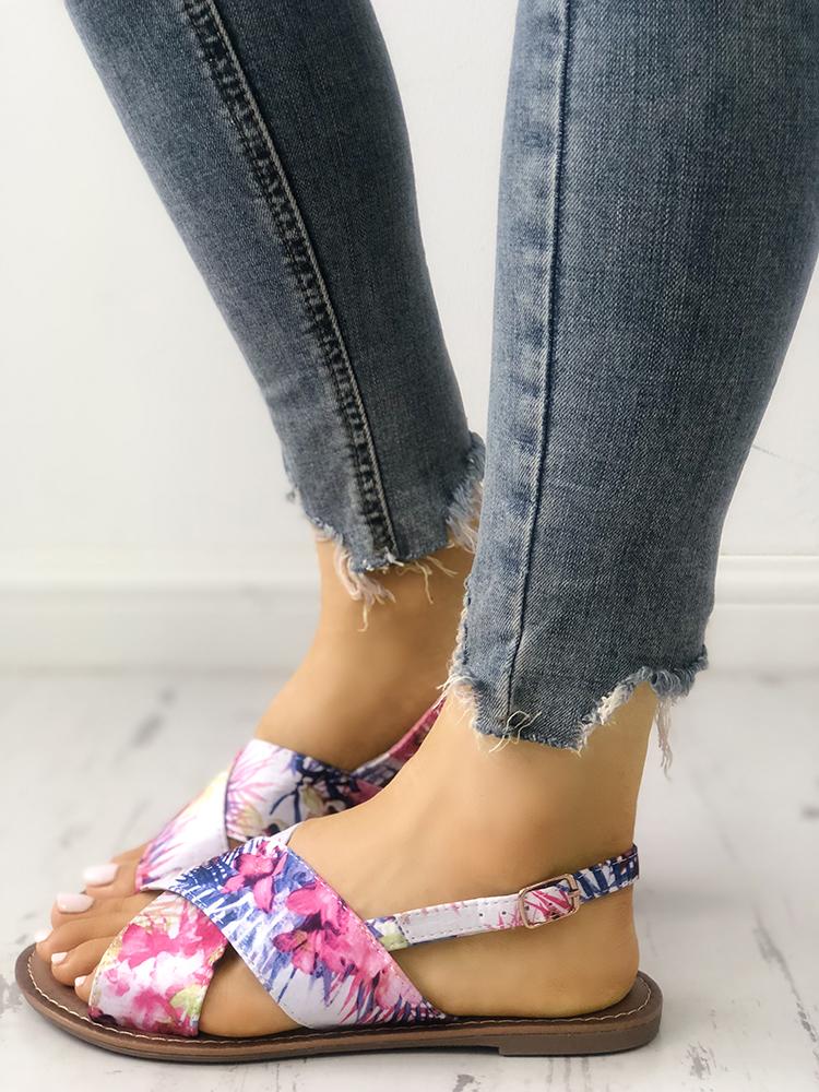 

Tropical Print Crisscross Peep Toe Flat Sandals