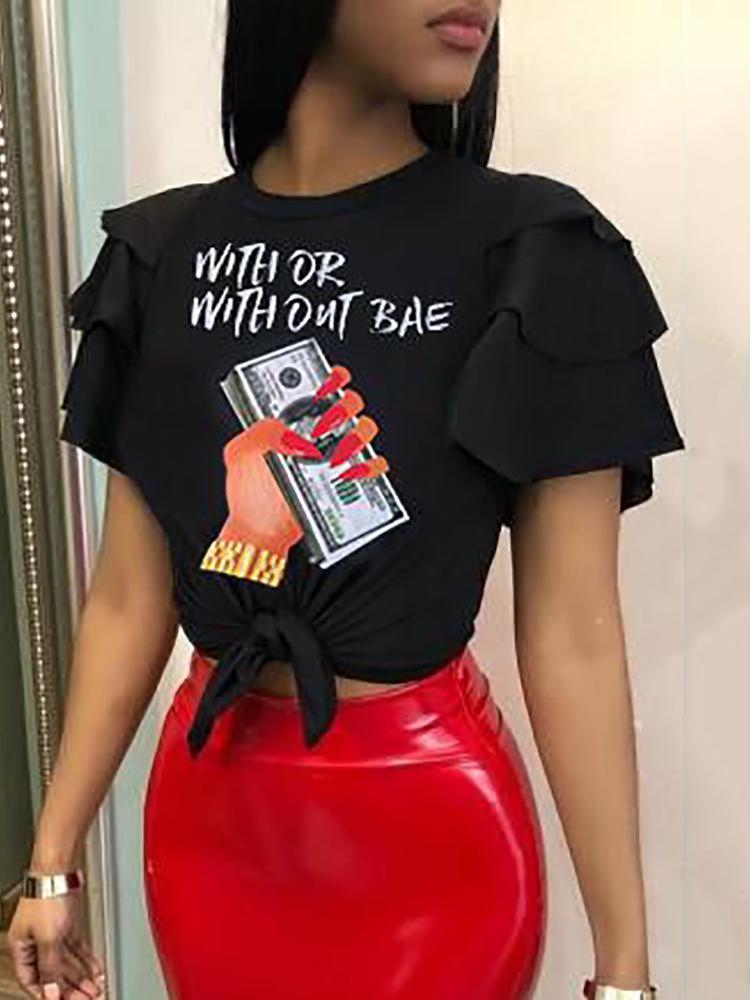 

Dollar Print Ruffles Sleeve Tied Waist T-shirt