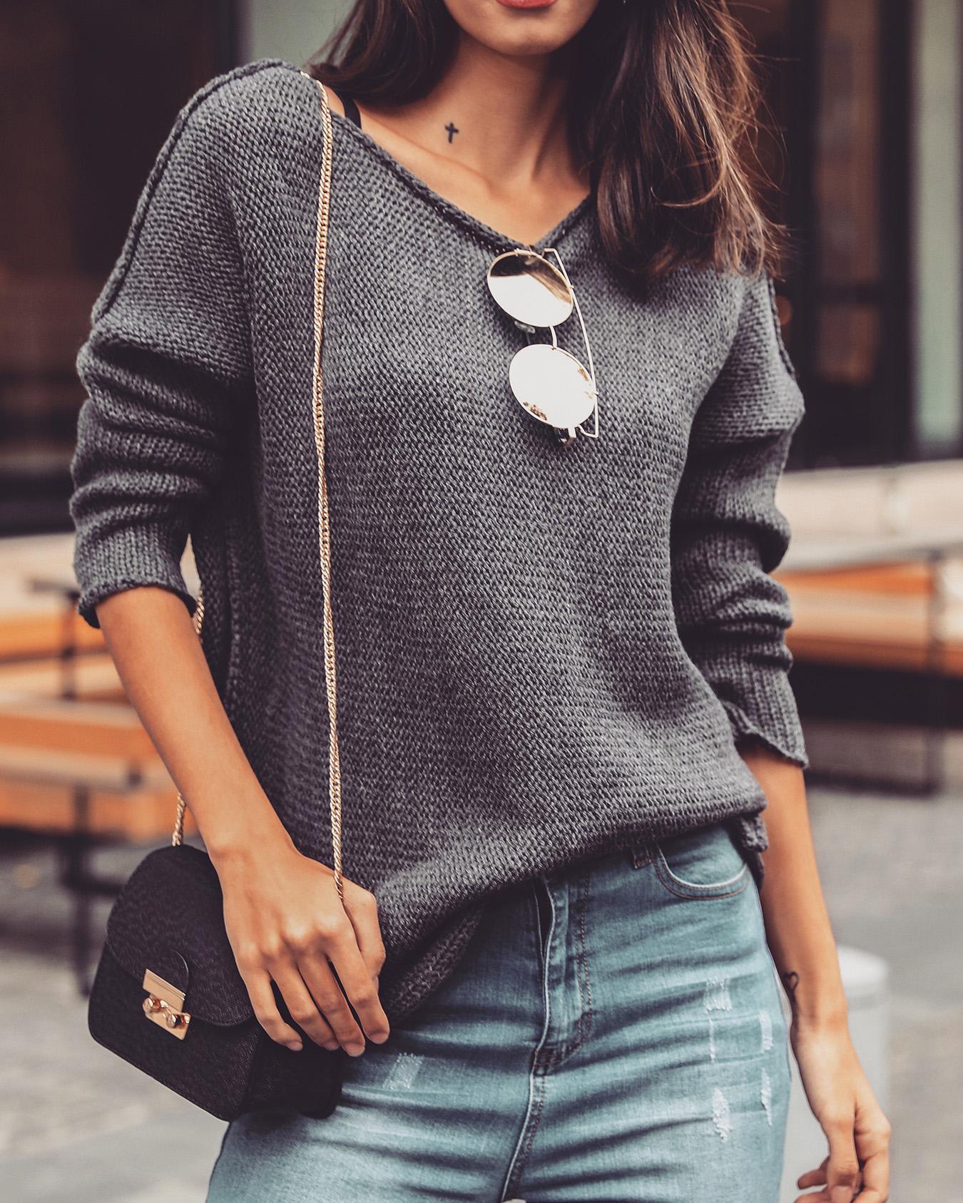 

Solid Boat Neck Long Bat-Wing Sleeve Casual Sweater