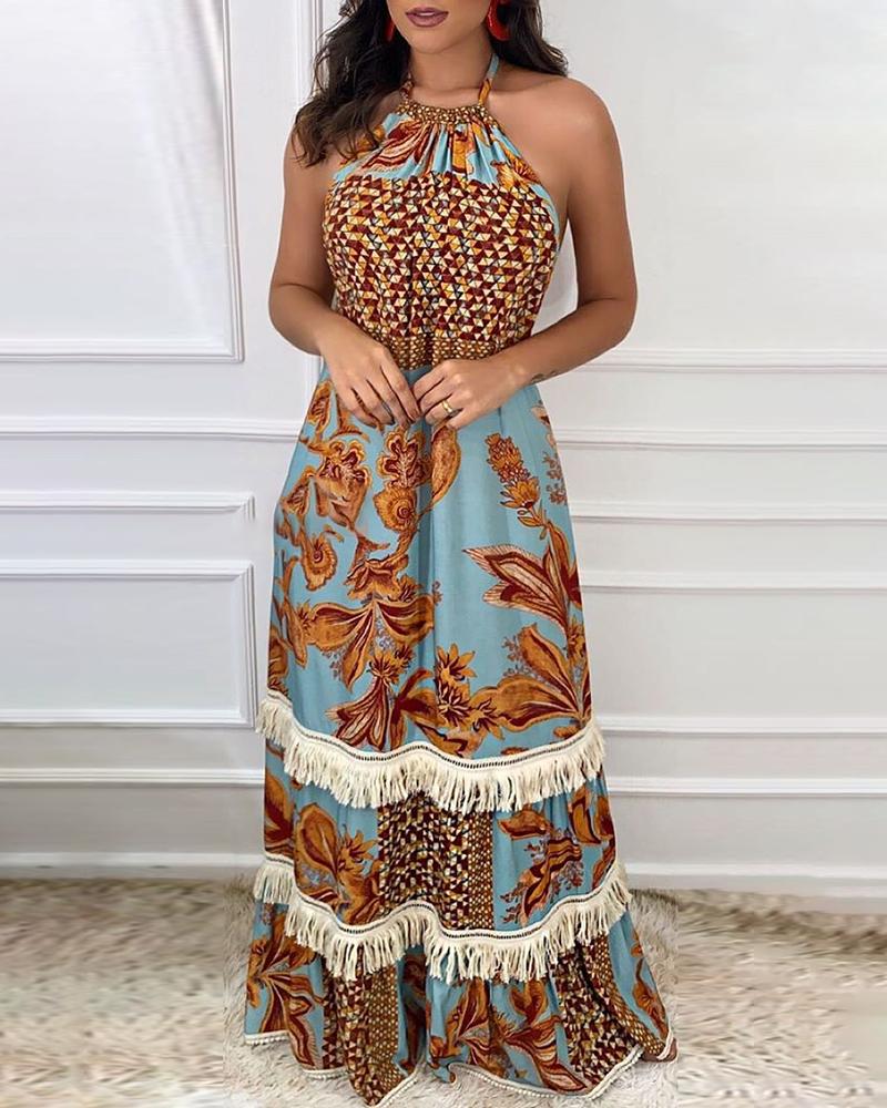 

Halter Backless Fringed Stitching Print Maxi Dress