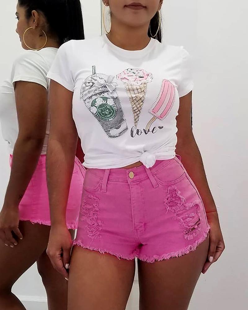 

Shredded High Wasit Frayed Hem Shorts, Pink