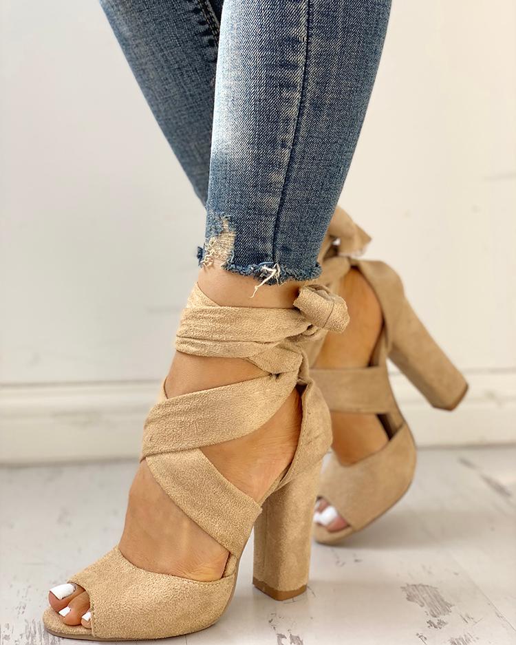 

Peep Toe Crisscross Bandage High Heels Sandals, Khaki