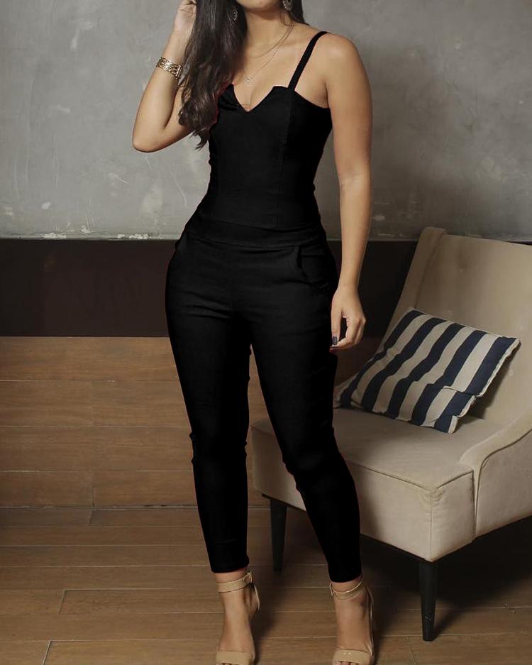 

Spaghetti Strap V-Cut Jumpsuits, Black