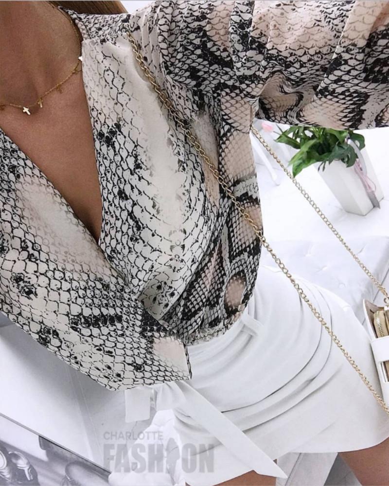 

Snakeskin Print V-Neck Wrap Blouse