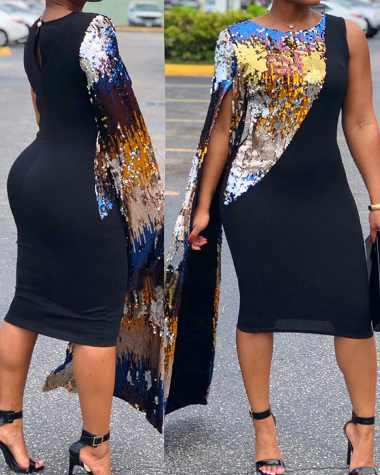 

Sequins Cape Sleeve Deaign Bodycon Dress, Black