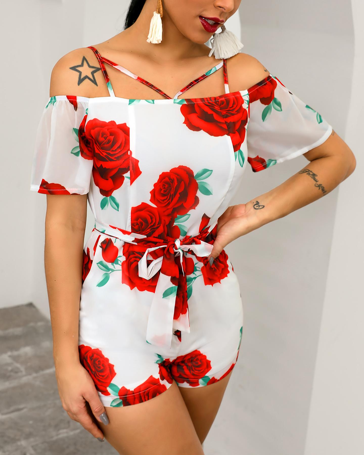 

Off Shoulder Floral Print Tied Front Romper, Multicolor