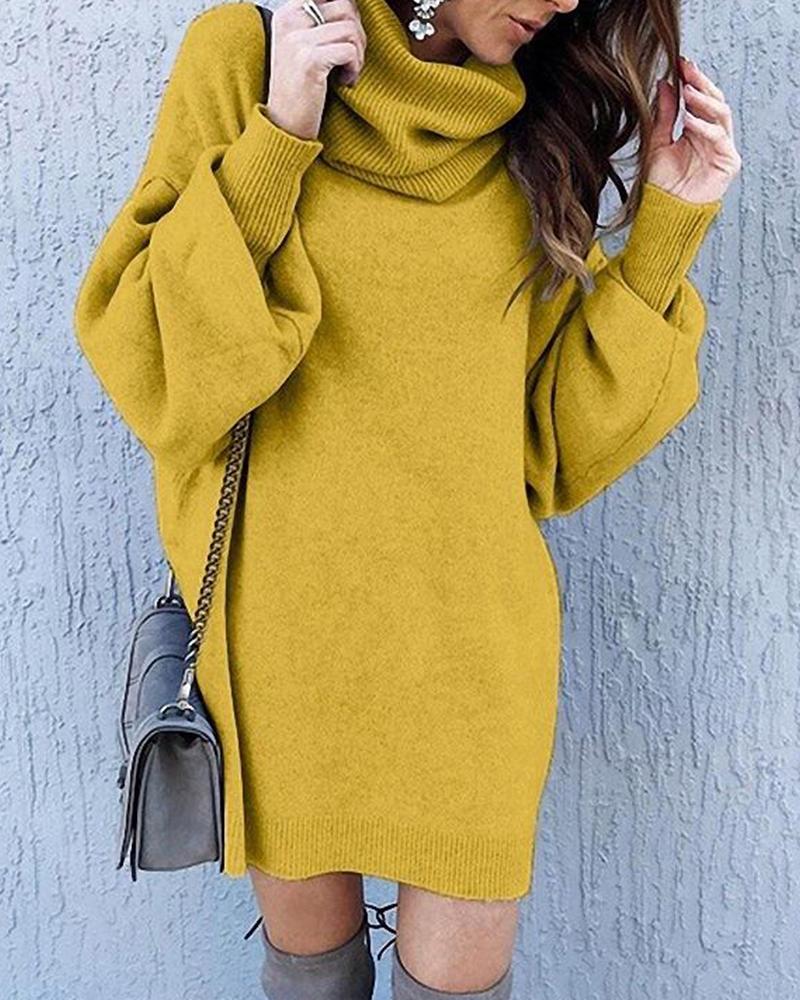 

Solid High Neck Sweater Dress, Yellow