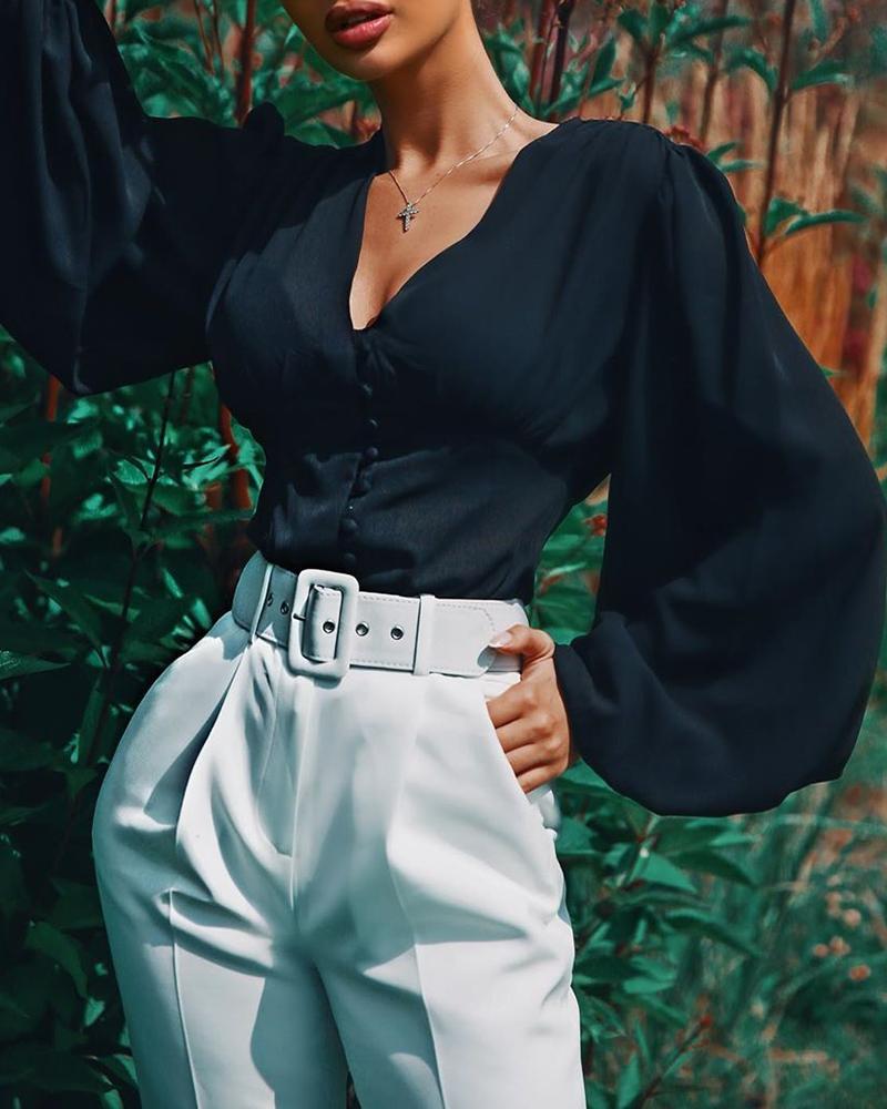 

V Neck Lantern Sleeve Casual Blouses, Black