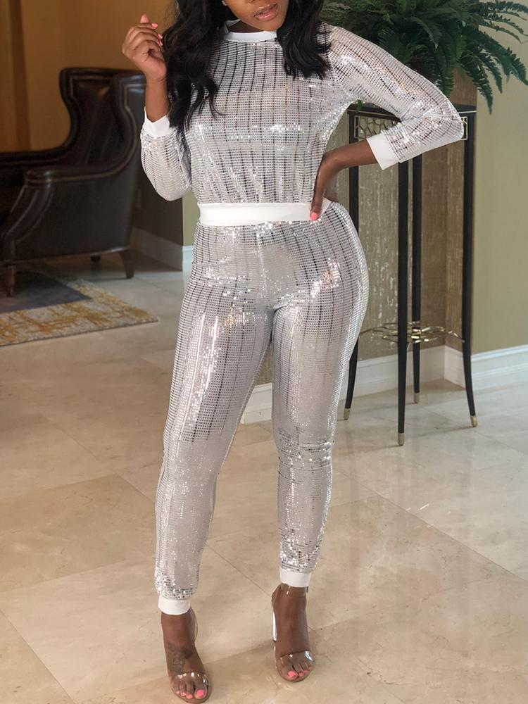 

Stripes Contrast Binding Skinny Sequin Tracksuits
