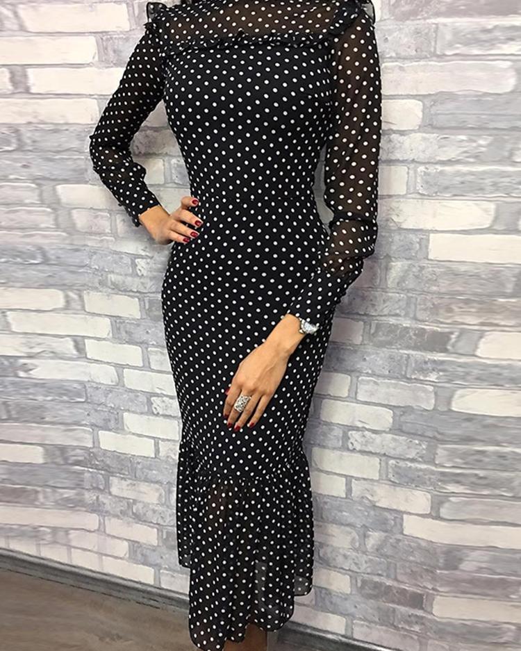 

Dot Print Long Sleeve Pep Hem Dress, Black