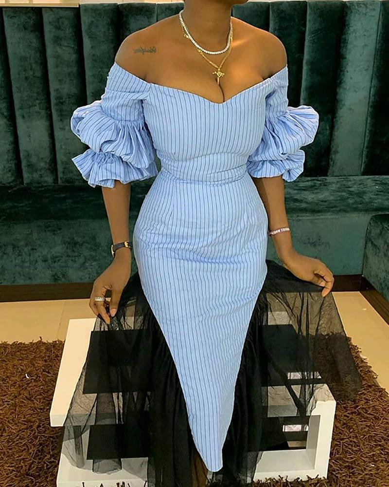 

Off Shoulder Striped Lantern Sleeve Bodycon Dress, Light blue