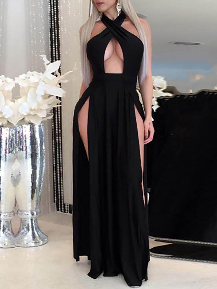 

Sexy Halter Cross High Slit Maxi Dress, Black