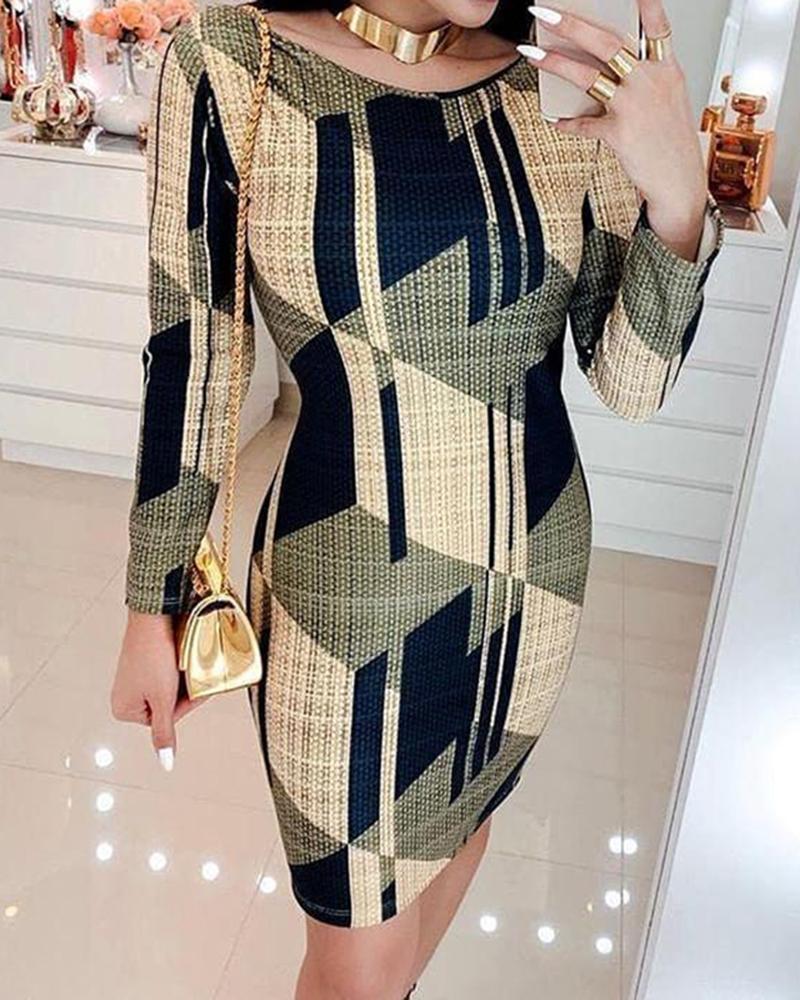 

U-neck Long Sleeve Bodycon Dress, Green