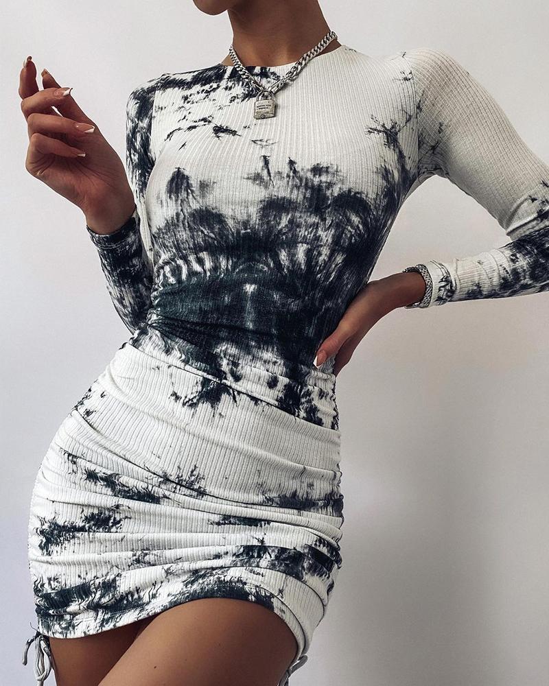 

Tie Dye Print Drawstring Bodycon Dress, Gray