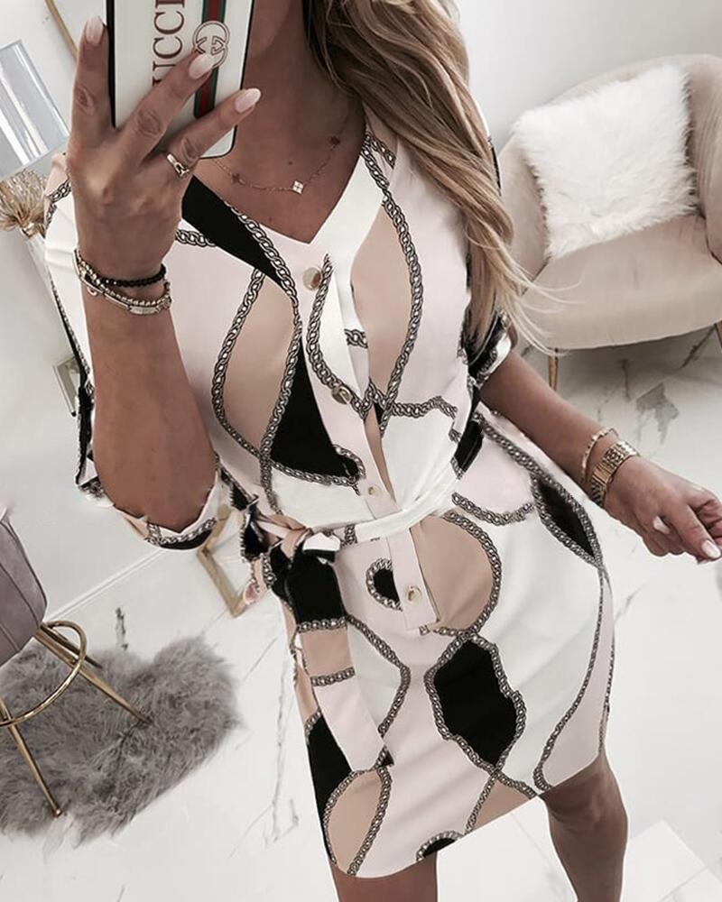

Chain Print Tied Waist Casual Dress, White