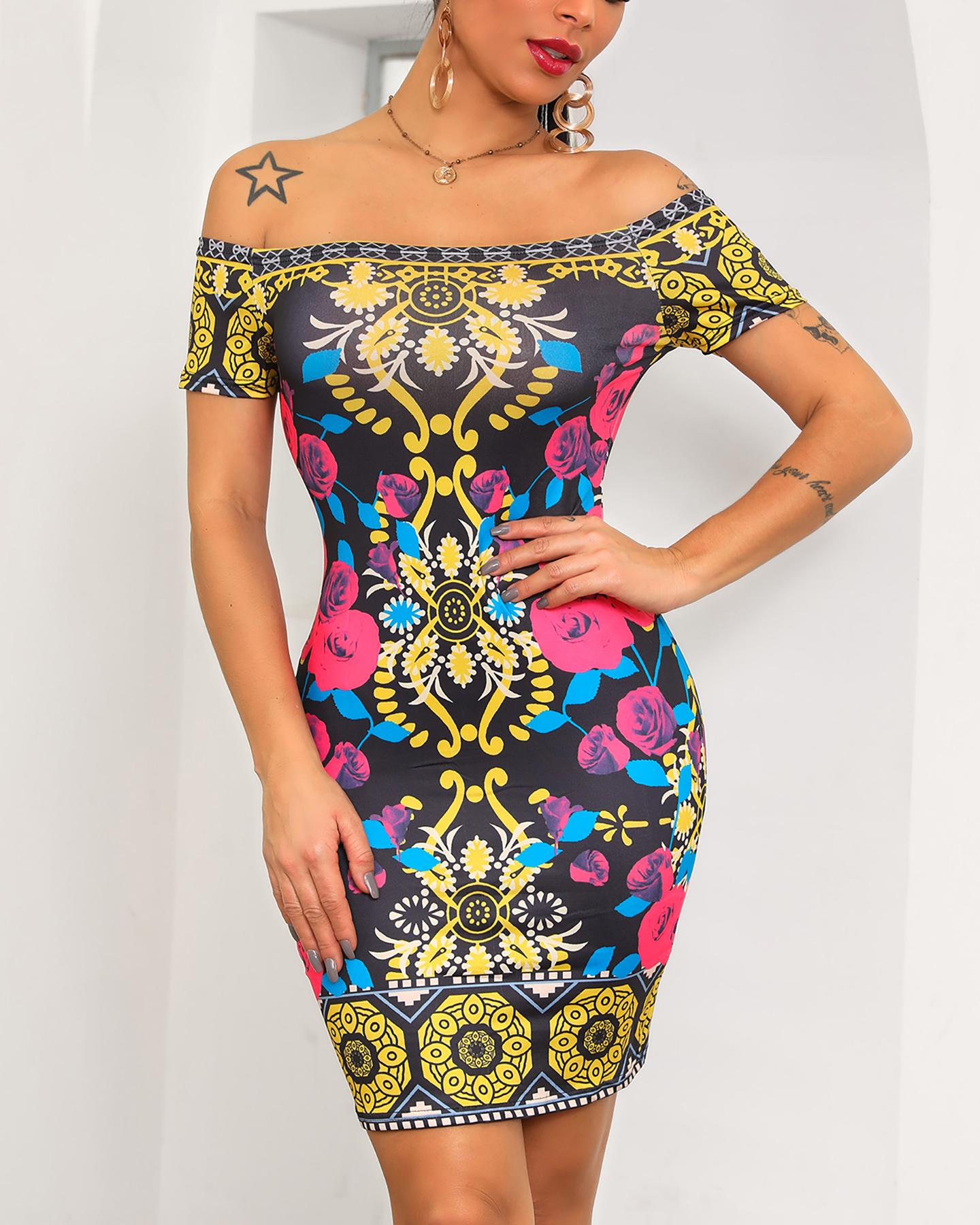 

Sexy Vintage Print Off Shoulder Bodycon Dress, Multicolor