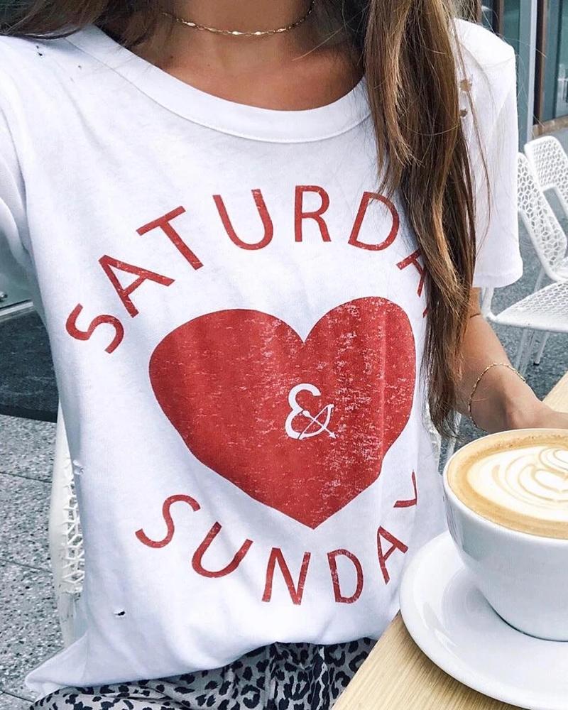 

Letter Heart Print Short Sleeve T-shirt, White