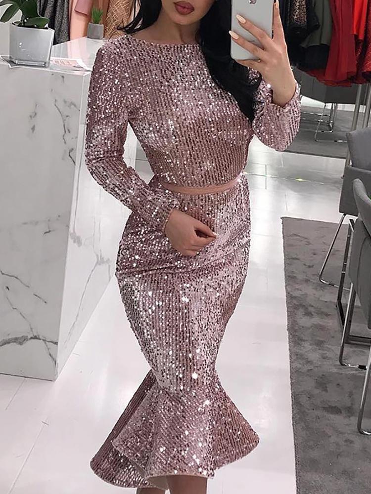 

Mesh Waist Fishtail Sequin Party Dress, Pink
