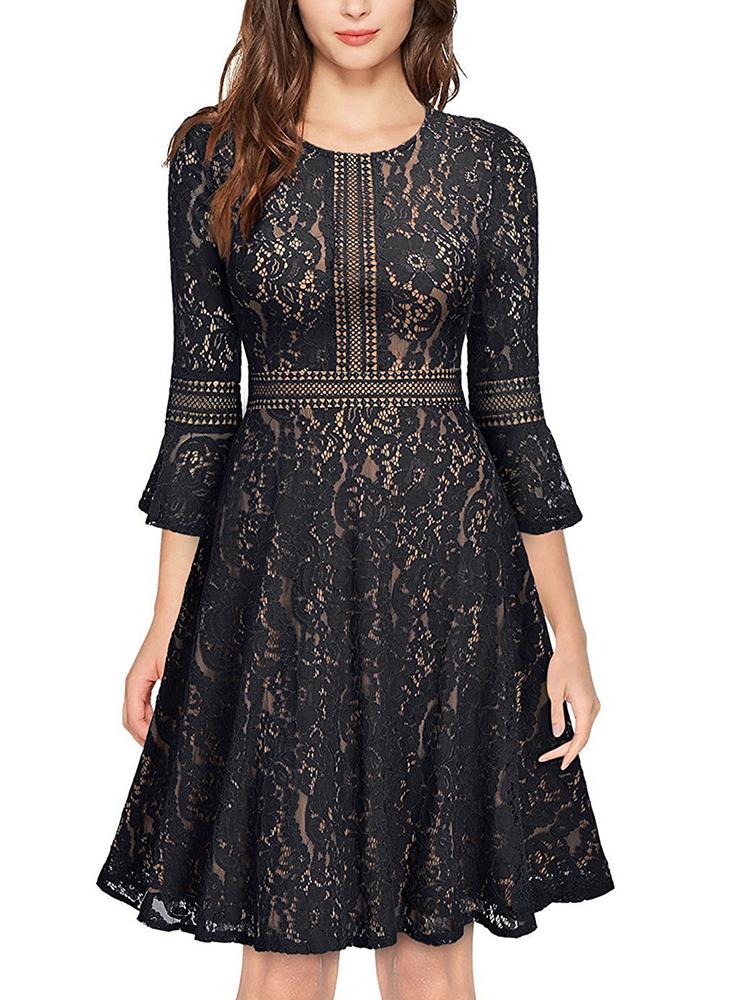 

Crochet Lace Flare Sleeve Casual Dress, Red;green;black;dark blue