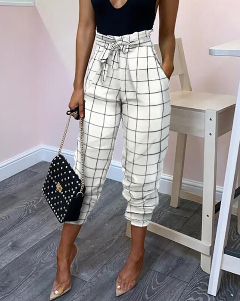 

Paperbag Waist Plaid Pocket Design Pants