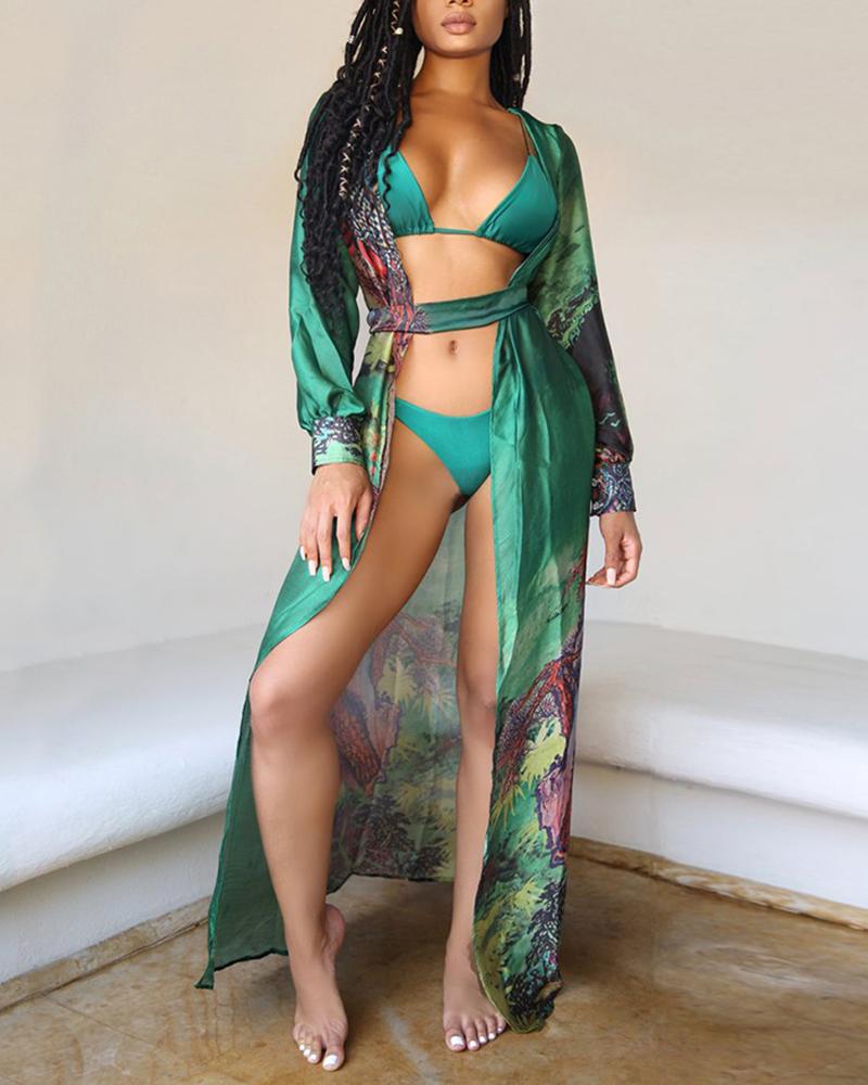 

Three-piece Print Bikini Suit Bra Panties Long Sleeves Swimsuit, Green