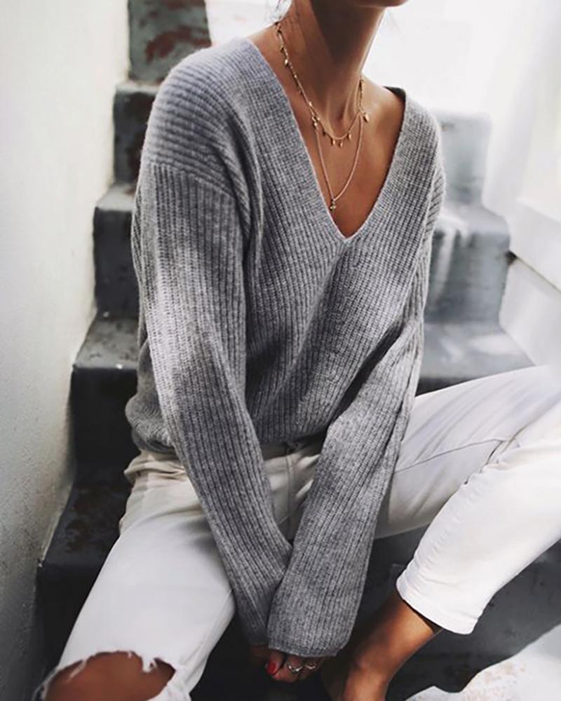 

Plain Long Sleeve Casual Sweater, Gray