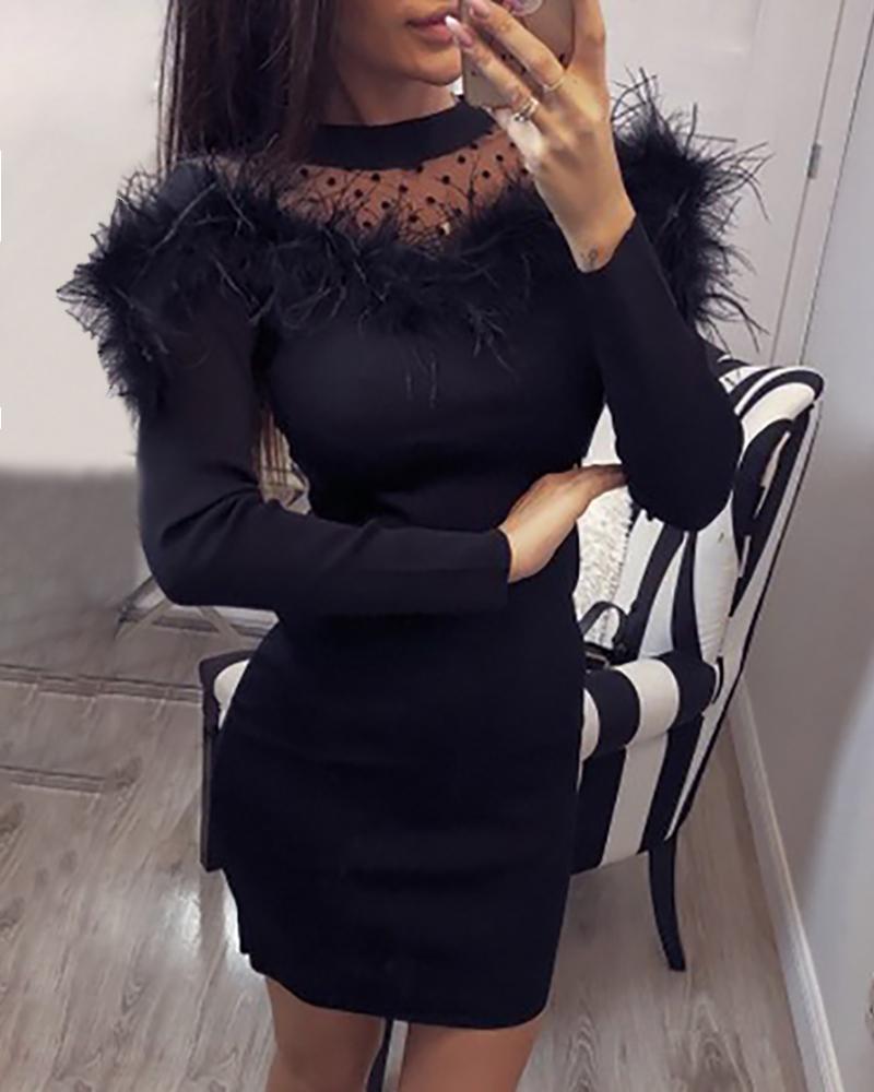 

Dot Mesh Feather Detail Bodycon Dress, Black
