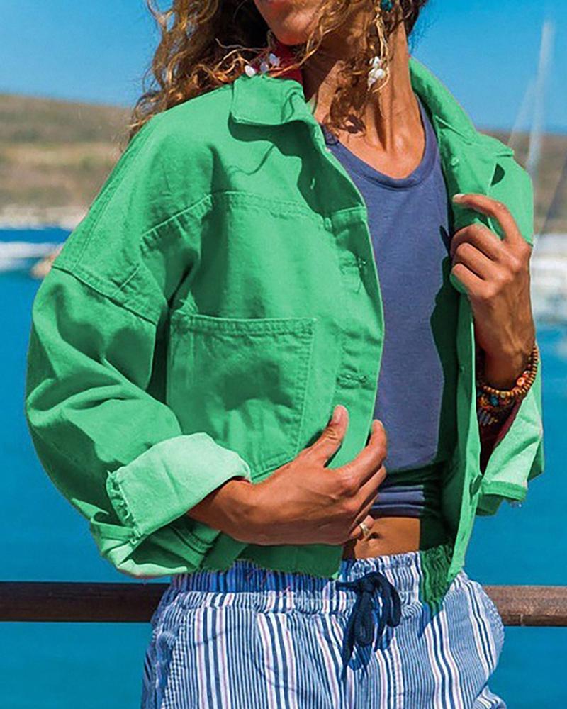 

Solid Denim Buttoned Pocket Casual Coat, Green