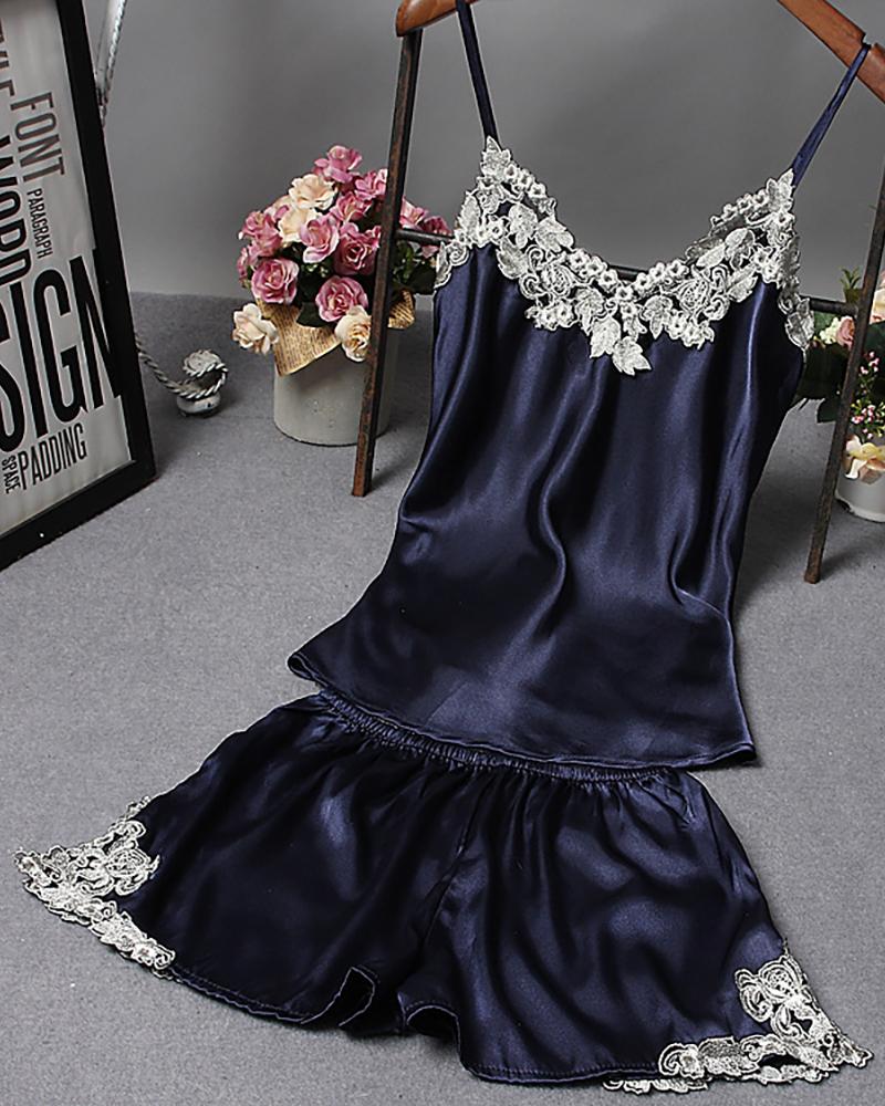 

V-neck Lace Trim Sleepwear Cami Set, Dark blue
