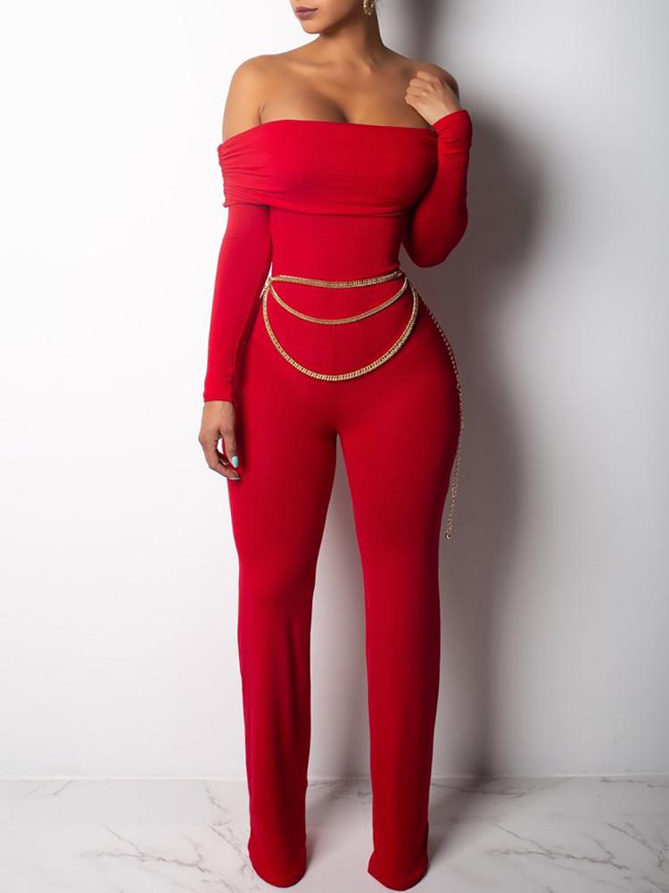 

Fold Over Off Shoulder Long Sleeve Jumpsuits, Red