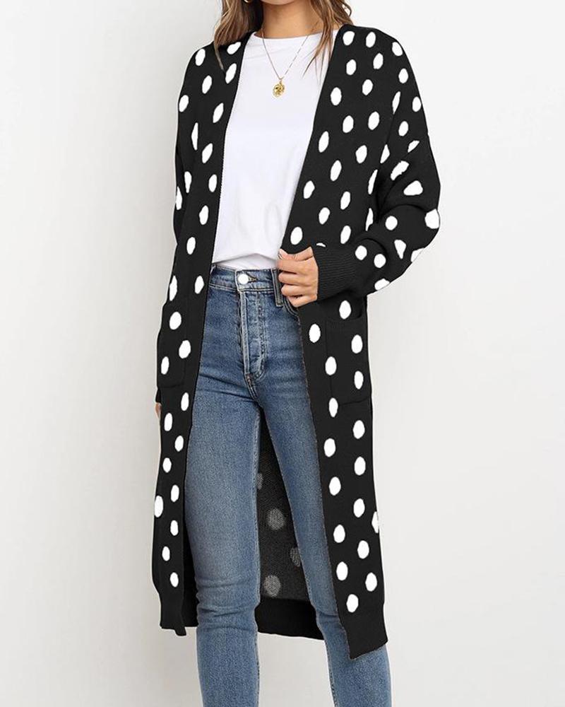 

Polka Dot Open Front Casual Cardigan, Black