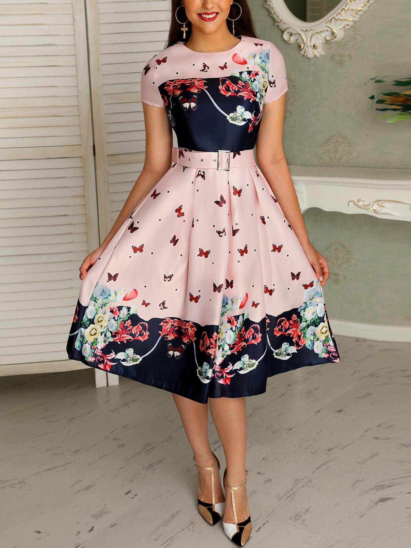 

Butterfly Print Short Sleeve Belted Pleated Dress