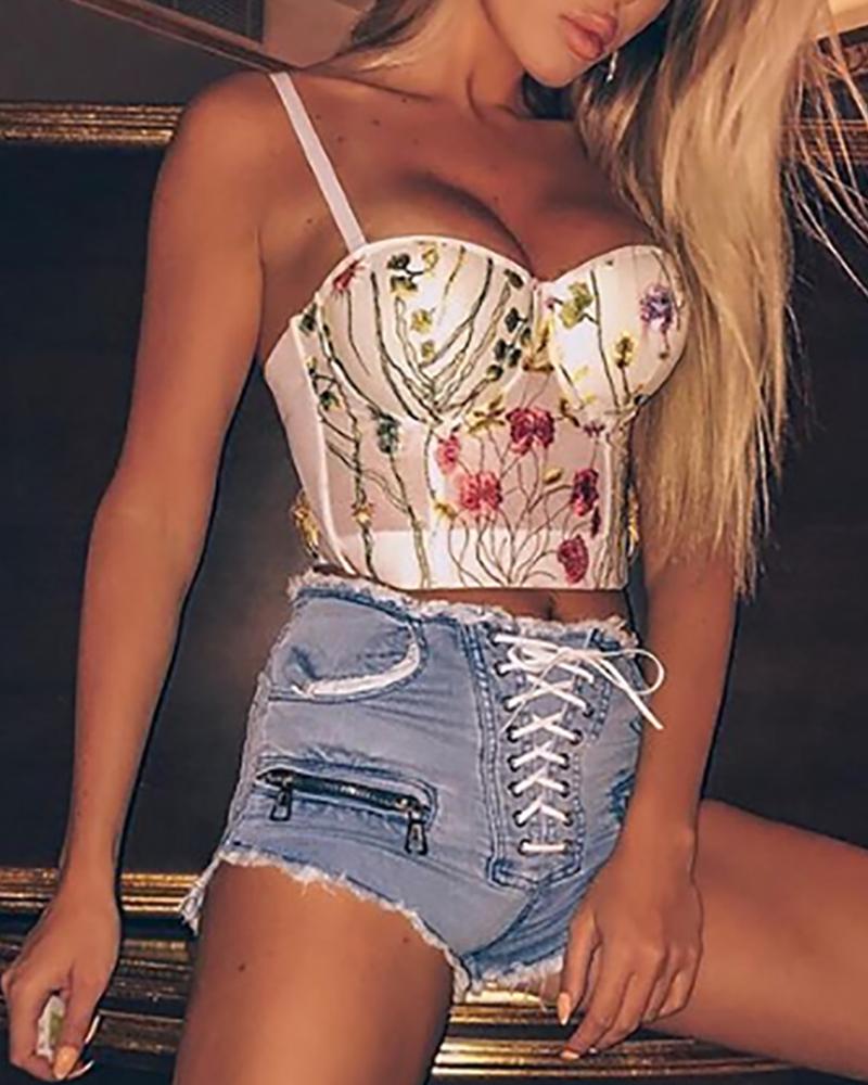 

Embroidery Design Spaghetti Strap Crop Top, White