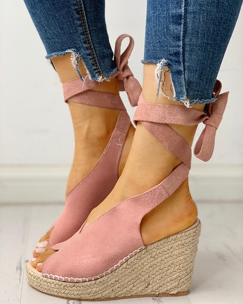 

Suede Knotted Ankle Platform Wedge Sandals, Pink