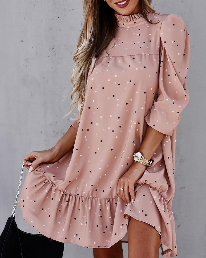 

Dot Three-quarter Sleeve Loose Ruffles Doll Dress, Pink