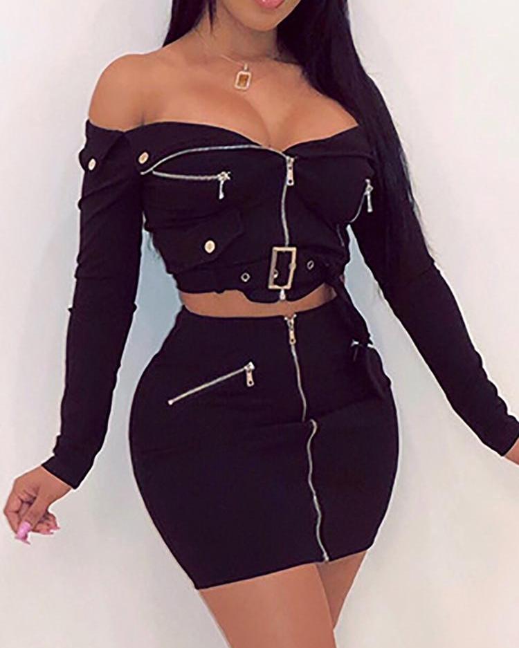 

Zipper Design Metallic Buckle Top & Mini Skirt Sets, Black