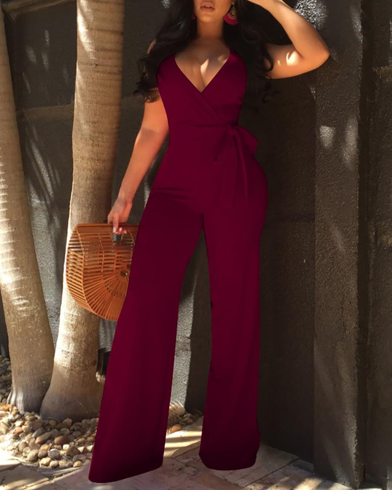 

Oversize Halter Backless Belted Deep V Wrap Jumpsuit, Wine red