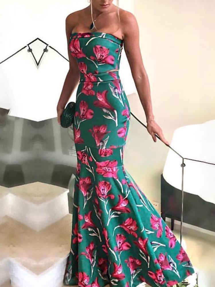 

Sexy Floral Fishtail Hem Tube Party Dress, Green
