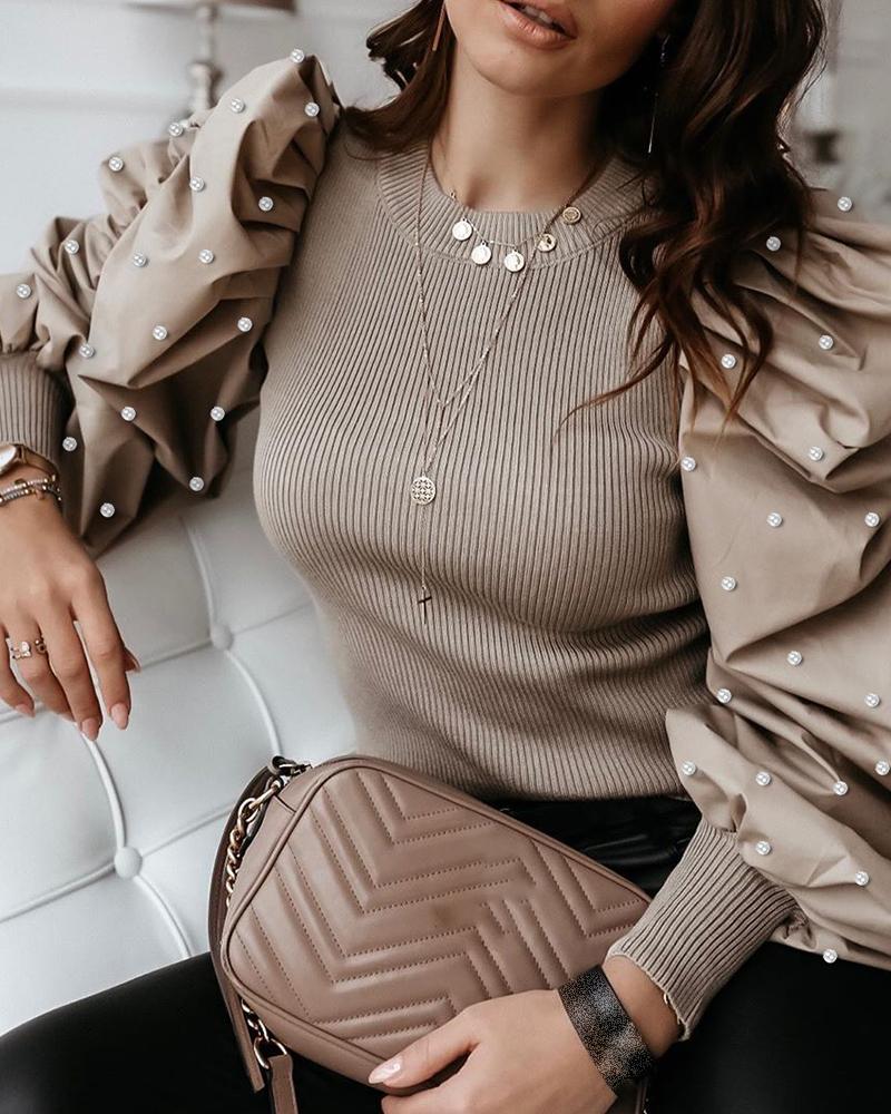 

Beaded Puffed Sleeve Ribbed Blouse, Khaki