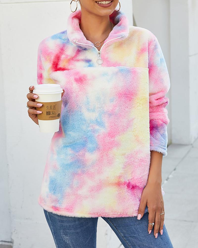 

Tie Dye Zipper Fluffy Casual Sweatshirt, Pink
