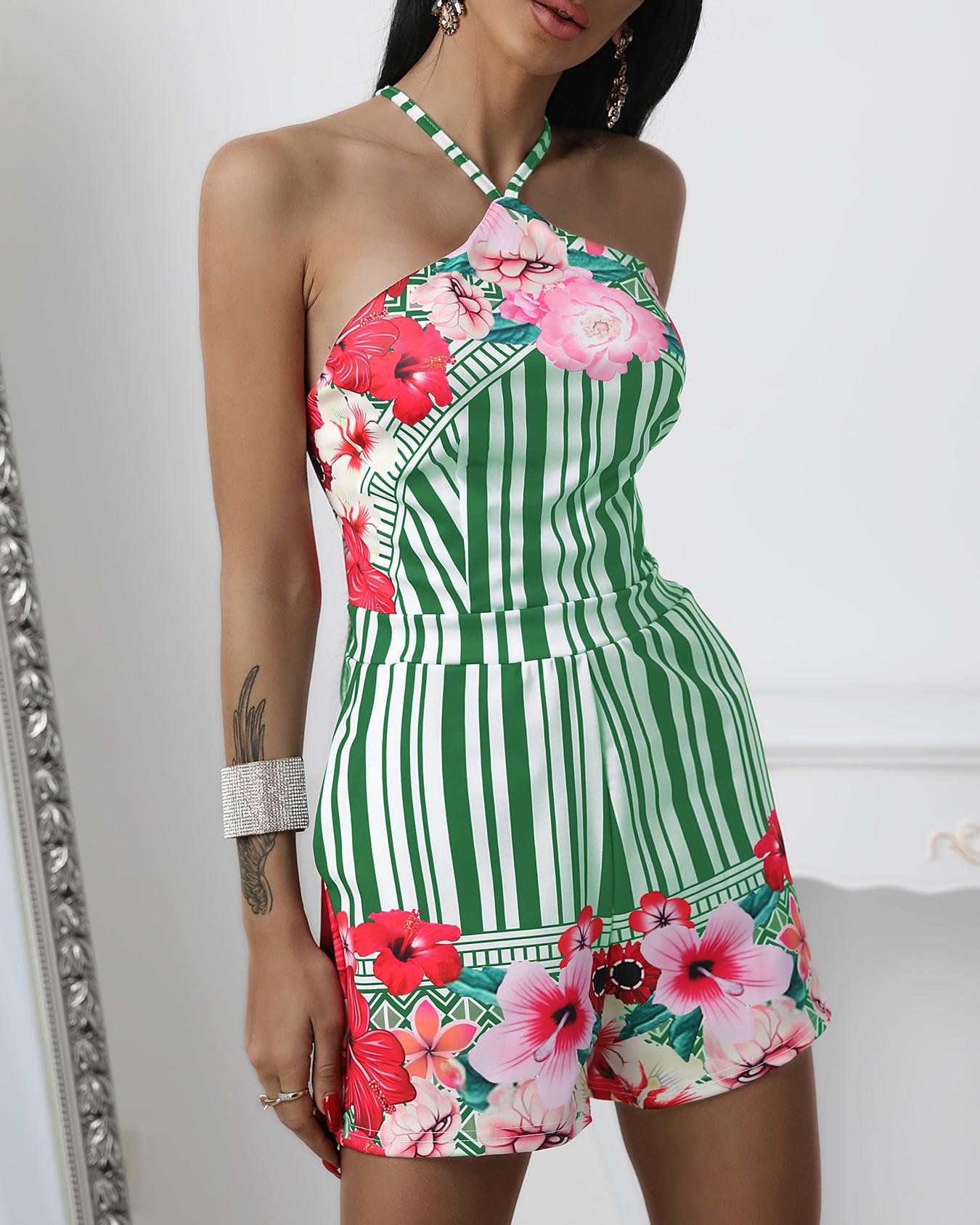 

Floral Print Halter Lace-up Back Slinky Romper, Green