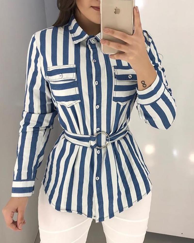 

Striped O-Ring Belted Button Up Casual Shirt