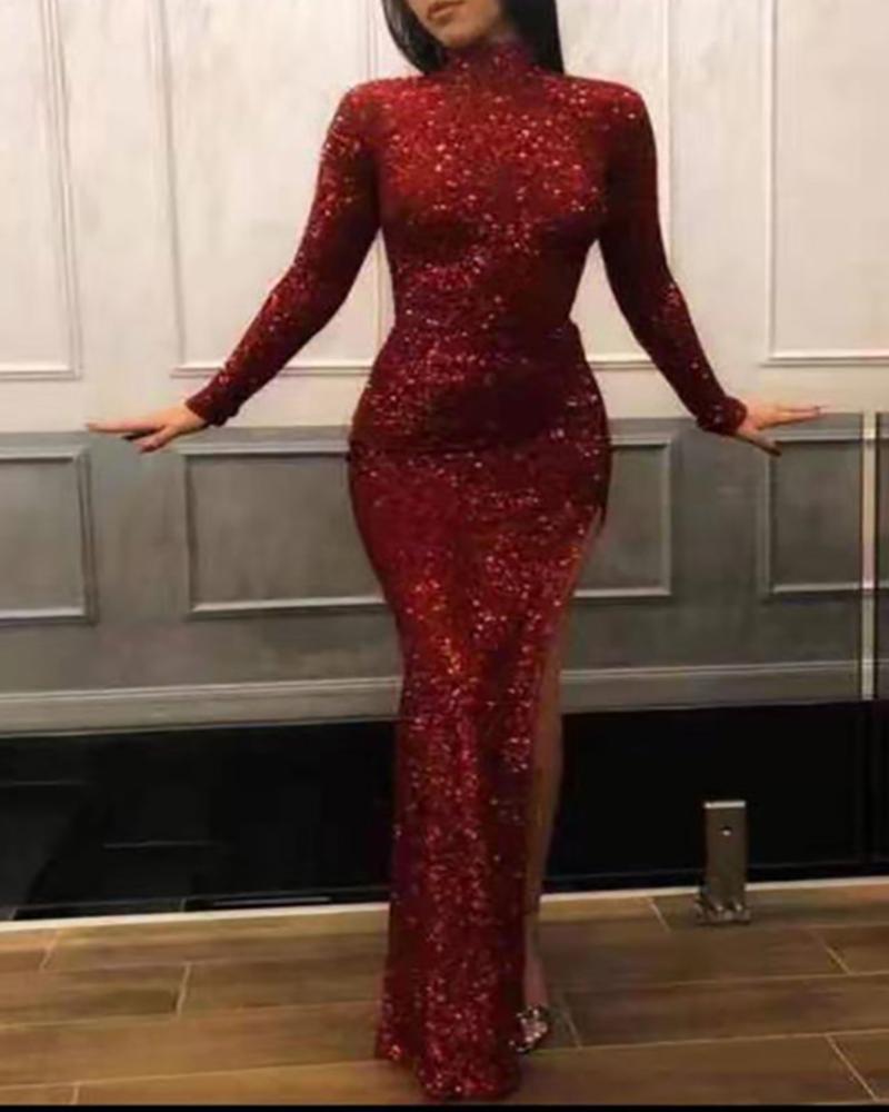 

Long Sleeve High Neck Slit Sequins Bodycon Dress, Wine red