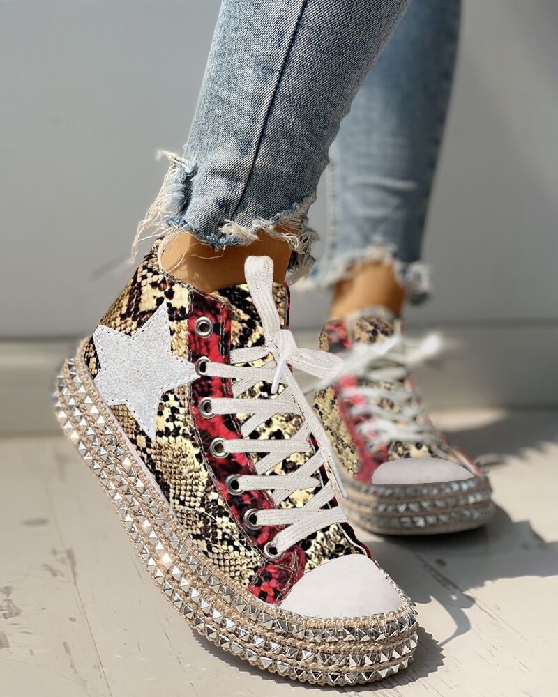 

Sequins Rivet Embellished Lace-Up Sneakers, Apricot