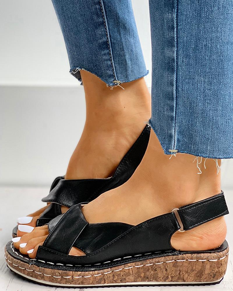 

Cutout Open Toe Velcro Wedge Espadrille Sandals, Black