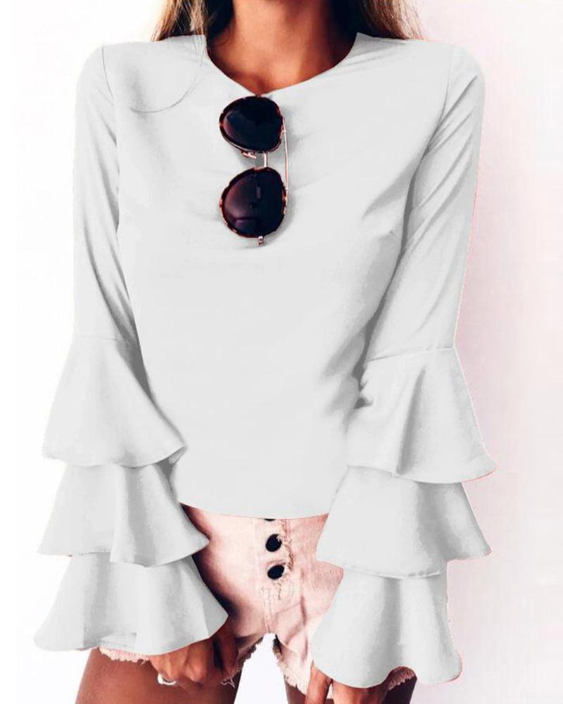 

Casual Ruffle Long Sleeve Blouse, White