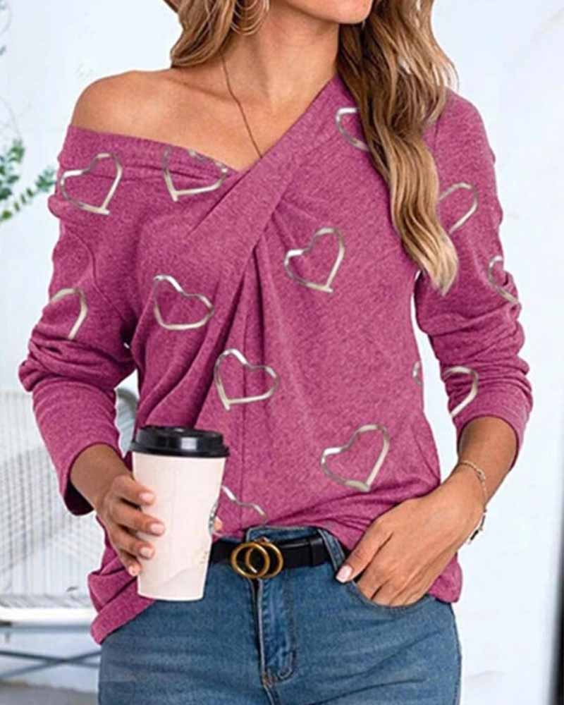 

Heart Print Long Sleeve Loose T-shirts, Pink