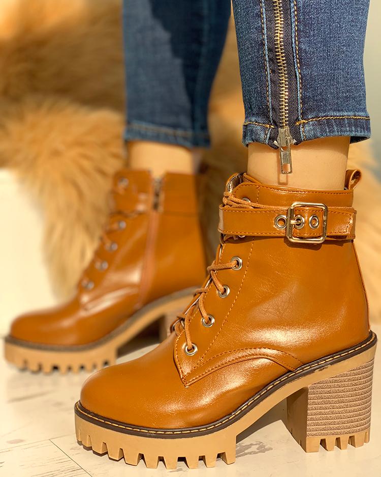 

PU Eyelet Lace-Up Chunky Heeled Boots, Brown