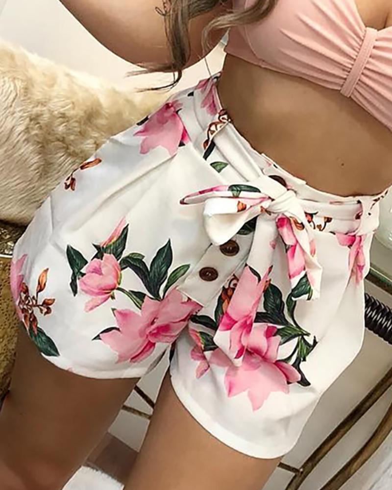 

Floral Print High Waist Casual Shorts, White